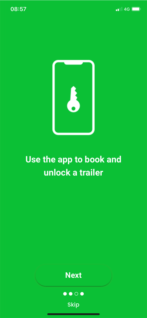 Use4Free - Onboarding screen for Use4Free app describing how to book and unlock a trailer