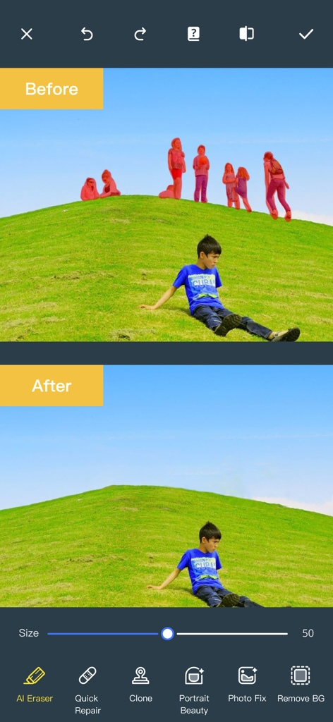 Comparación de antes y después que muestra la eliminación de personas no deseadas de una foto usando la herramienta Borrador de IA