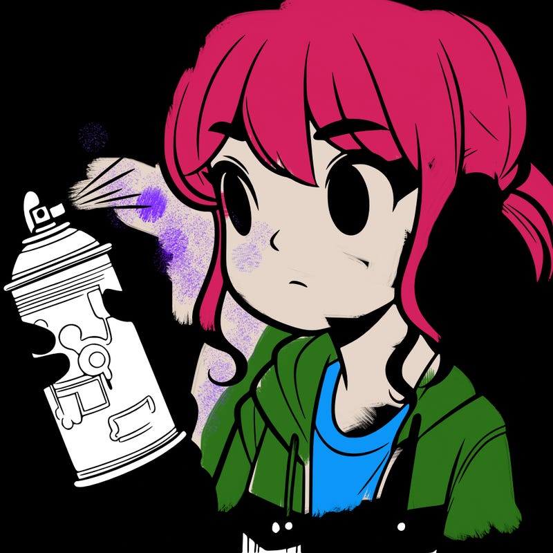 a girl looking at a spray painting can