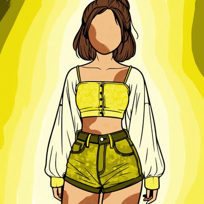 pretty realistic faceless girl with baggy crop top and jean shorts