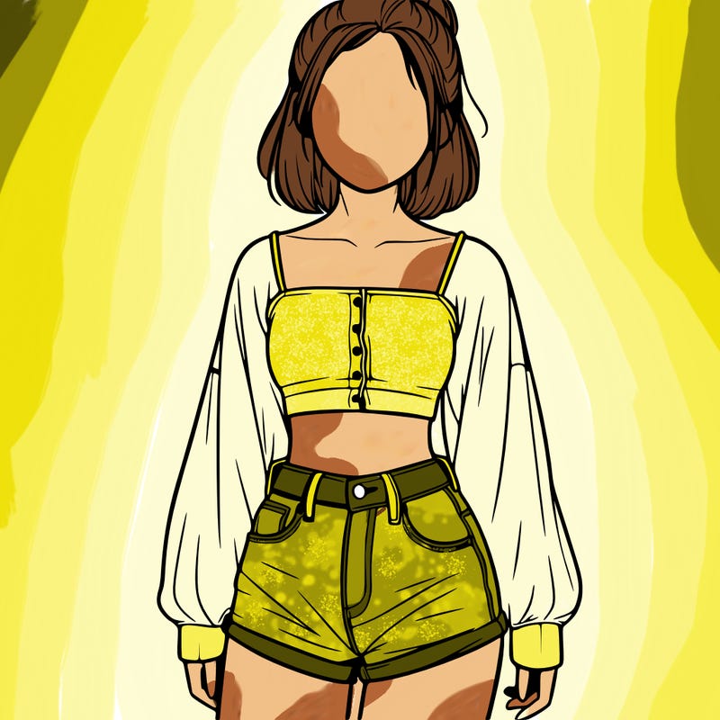 pretty realistic faceless girl with baggy crop top and jean shorts