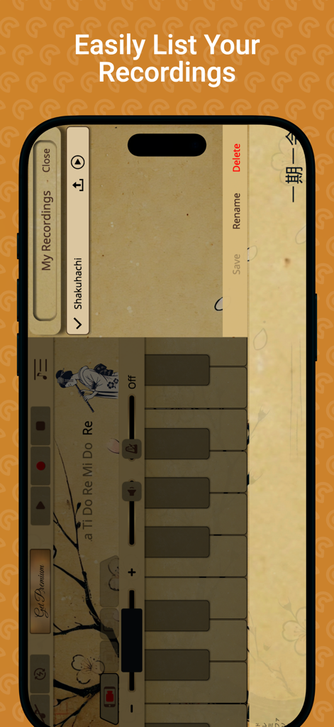 Shakuhachi Sim - Shakuhachi Sim app interface showing a list of saved flute recordings and management options