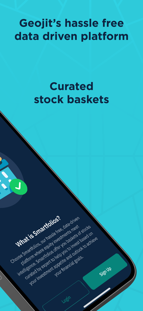 Geojit Smartfolios - Introductory screen of Geojit Smartfolios app highlighting curated stock baskets and data driven platform