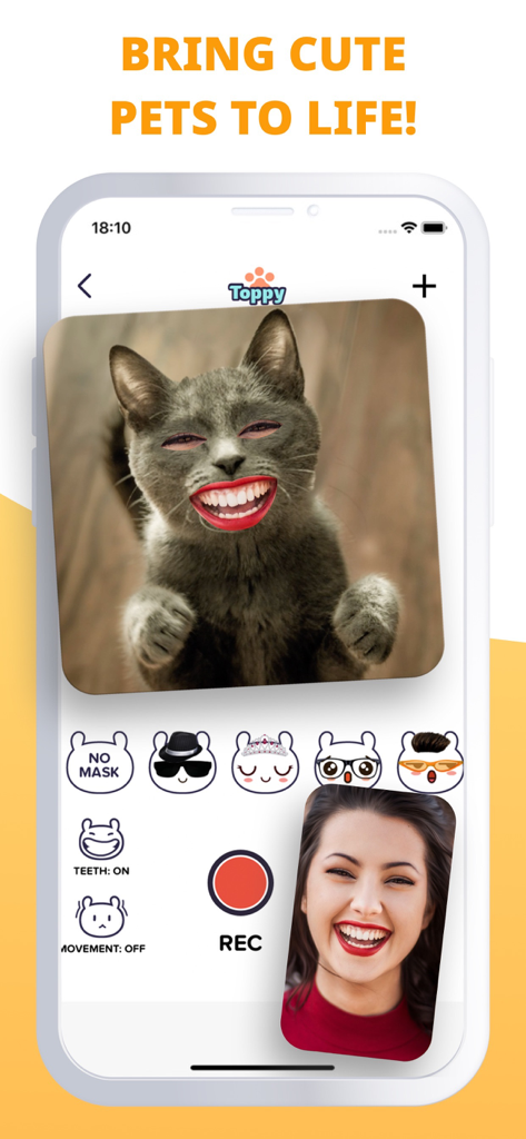My Talking Animal & Pet App - A smartphone screen showing the Toppy app animating a cat with human facial features