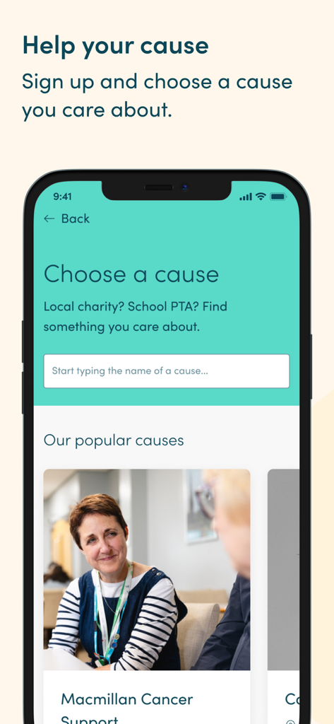 Easyfundraising - Easyfundraising mobile app screen showing options to search and choose a local charity or school PTA to support.