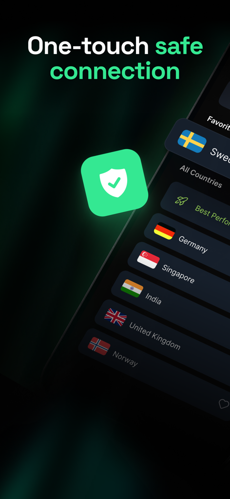 VPN Satoshi: Turbo Express Vpn - Interfaz de la aplicación VPN Satoshi mostrando la función de conexión segura con un solo toque y una lista de ubicaciones de servidores internacionales como Alemania y Singapur