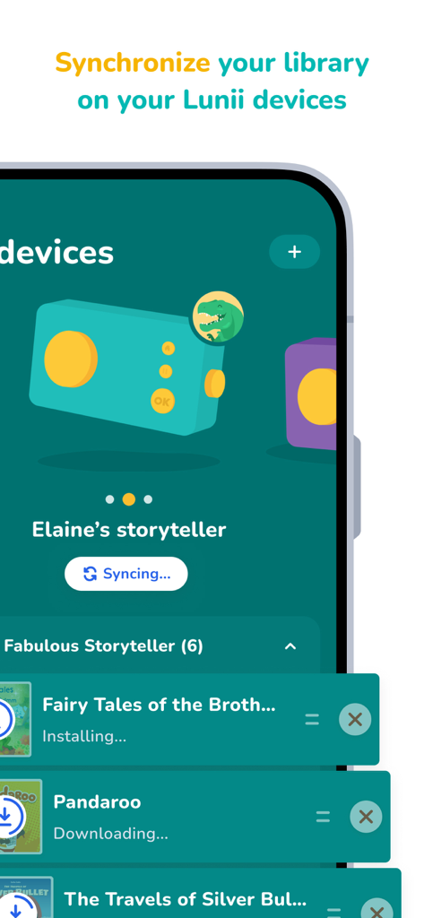 Lunii - Luniiモバイルアプリのインターフェース、オーディオブックのストーリーテラーデバイスへの同期を表示