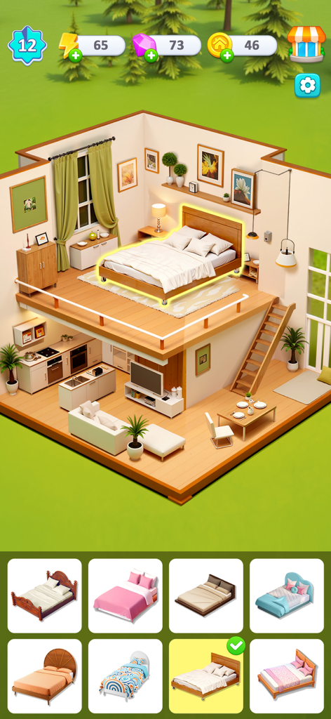Happy Merge Estate - A player chooses from several bed designs to decorate a modern loft bedroom in Happy Merge Estate