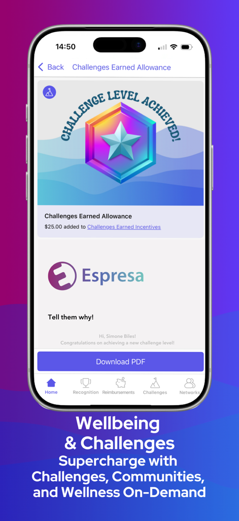Espresa app screen showing a challenge level achieved message with a 25 dollar allowance reward