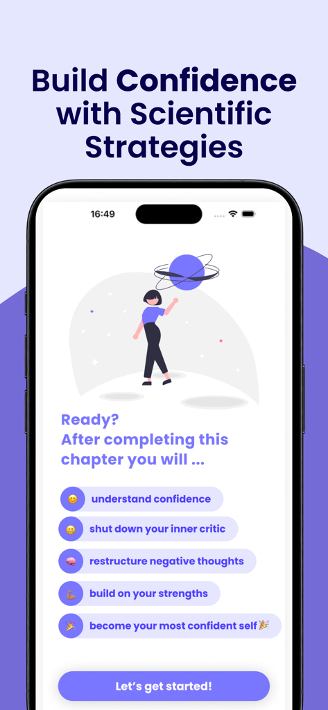 charisme: Social Anxiety Coach - Screenshot of the charisme app interface showing a list of social confidence learning goals based on scientific strategies.