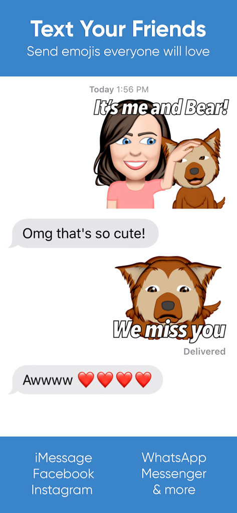 Dog Emoji Designer - A mobile phone screen showing a text message conversation featuring custom dog emojis and stickers of a girl and her dog.
