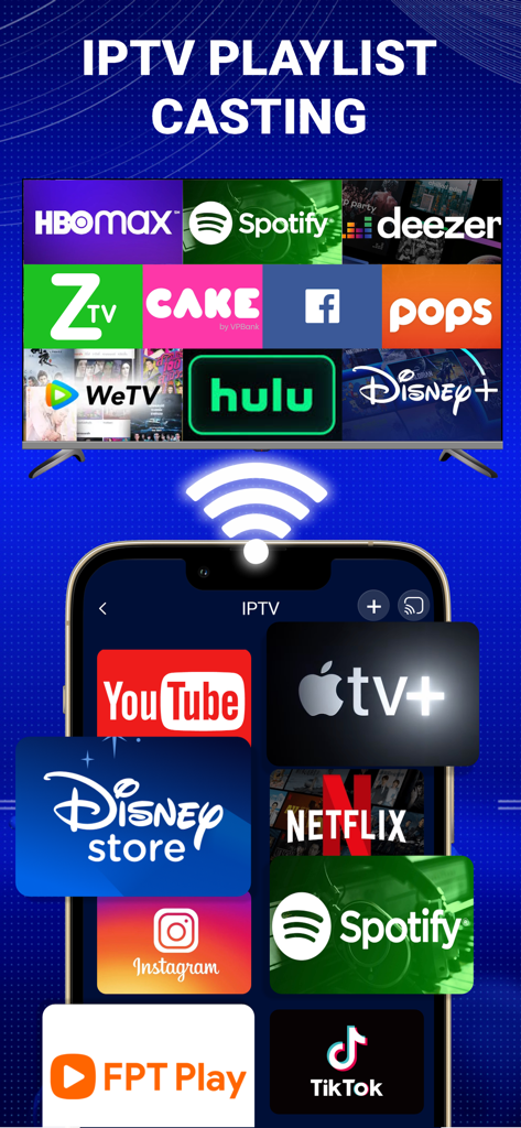 Uma interface de smartphone mostrando vários aplicativos de streaming como YouTube e Netflix sendo transmitidos para a tela de uma smart TV.
