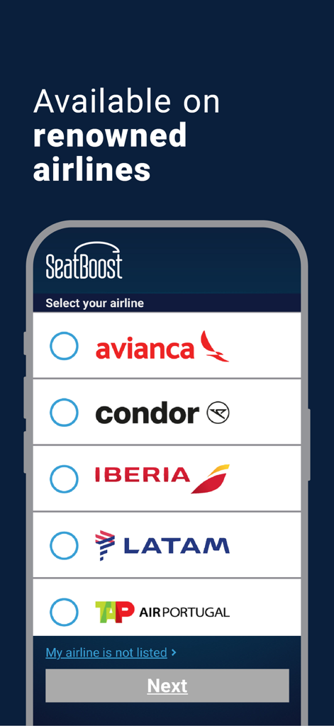SeatBoost app screen showing a list of partner airlines for flight seat upgrades including Avianca Iberia and LATAM