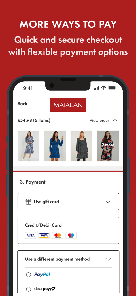 Matalan - Online Shopping - Matalan app checkout screen showing secure payment options including credit cards, PayPal, and Clearpay.