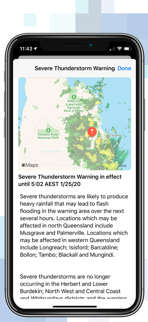 WeatherSentry app screen displaying a detailed severe thunderstorm warning with a radar map and location based safety alerts.
