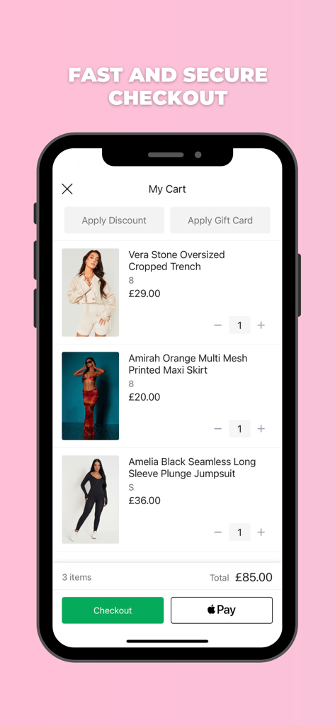 Tela do carrinho de compras do aplicativo Missyempire exibindo itens de vestuário e opções de checkout seguro.