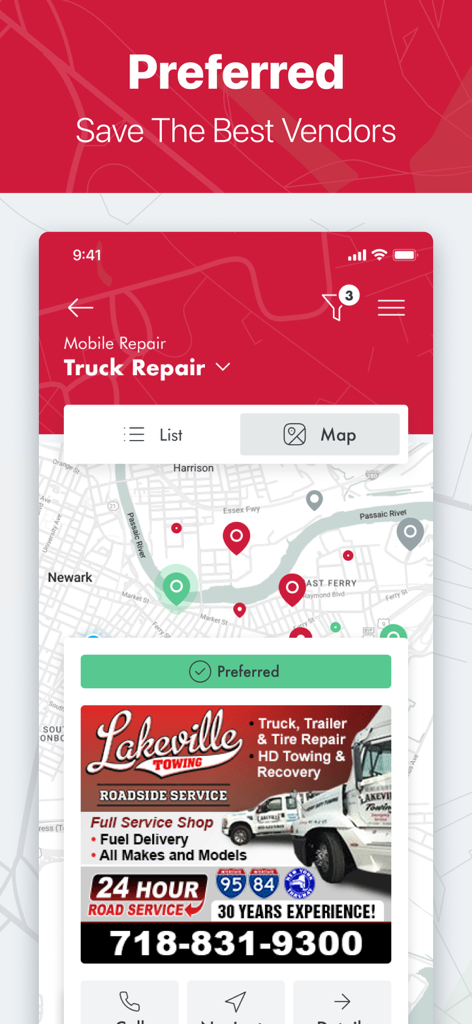 Interface do aplicativo Find Truck Service mostrando um mapa de locais de reparo de caminhões e um cartão de fornecedor preferido salvo