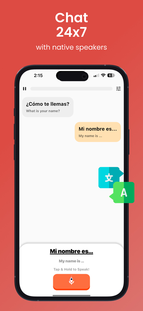 Learn & Speak Fluent Forever - ネイティブスピーカーとの会話練習のためのチャットインターフェースを表示するCapableアプリ画面