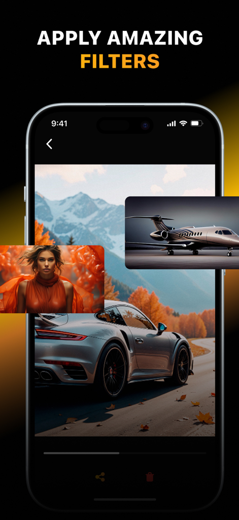 Aragon AI: Video Generator - A smartphone screen displaying the Aragon AI app interface with the headline Apply Amazing Filters and various AI generated images of a car and a private jet