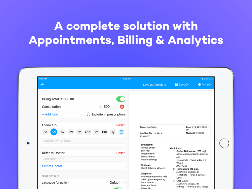 iPad interface showing medical billing and patient summary in the Docon EMR app