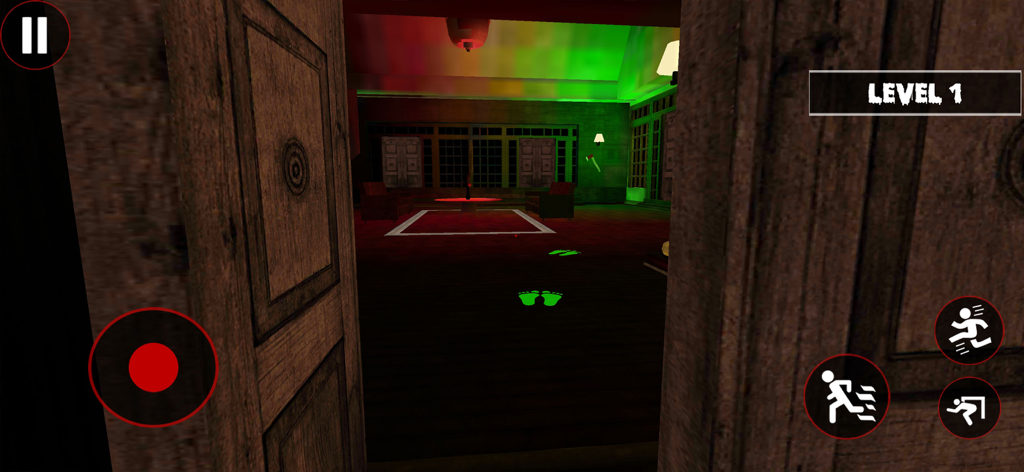 Scary Home: Dark Horror Games - Vista en primera persona de una habitación de mansión embrujada con huellas verdes brillantes y iconos de juego en Scary Home Dark Horror Games