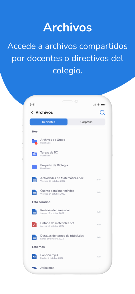 Colegium Families - Écran de l'application mobile montrant une liste de fichiers et de dossiers scolaires partagés par les enseignants dans l'application Colegium Families.
