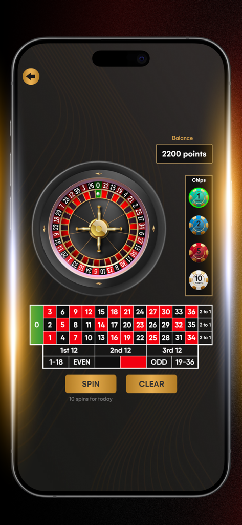 カジノ・ル・ミラージュアプリのモバイルルーレットゲーム画面。ポイント残高が表示されている