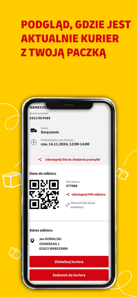 Mój DHL - Moj DHL app interface showing shipment tracking details with options to locate and call the courier