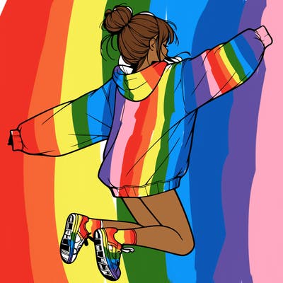 realistic girl jumping with a bun and oversized sweatshirt