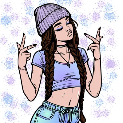 realistic teenage girl with braids and a beanie and crop top doing 🫶🏼