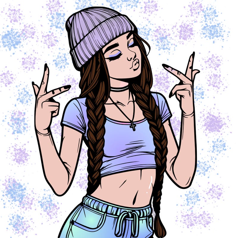 realistic teenage girl with braids and a beanie and crop top doing 🫶🏼