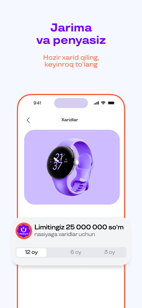Uzum Nasiya app interface showing a credit limit and monthly installment options for a smartwatch