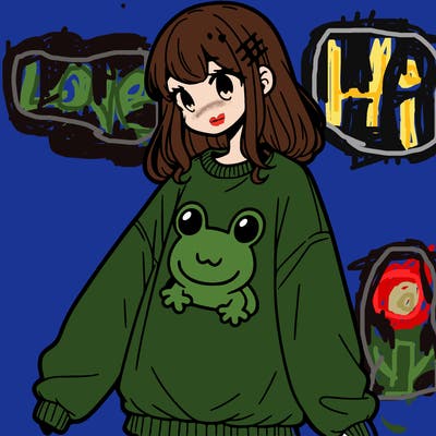 girl wearing frogging sweatshirt