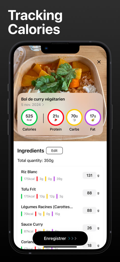 SnapKal: Photo Calorie Counter - SnapKalアプリのインターフェースに、カロリーとマクロ栄養素を含む食事の詳細な栄養内訳が表示されている様子