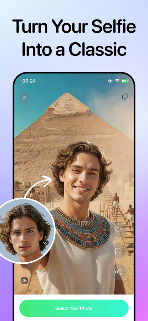 NoX Effect: AI Video Generator - A modern selfie of a man transformed into an ancient Egyptian character in front of the pyramids using AI.