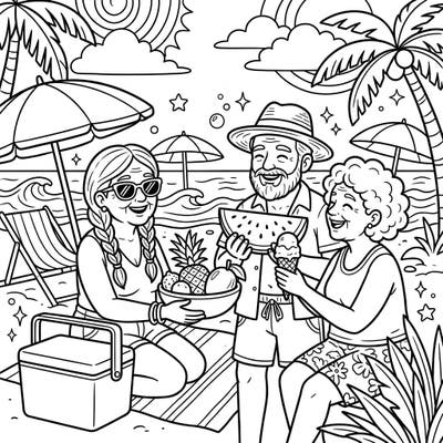 Dive into a delightful summer scene with this charming coloring page featuring happy elderly individuals enjoying a relaxing beach vacation. Capture the warmth of sunshine, refreshing treats, and good company as you bring this heartwarming image to life with your favorite colors.