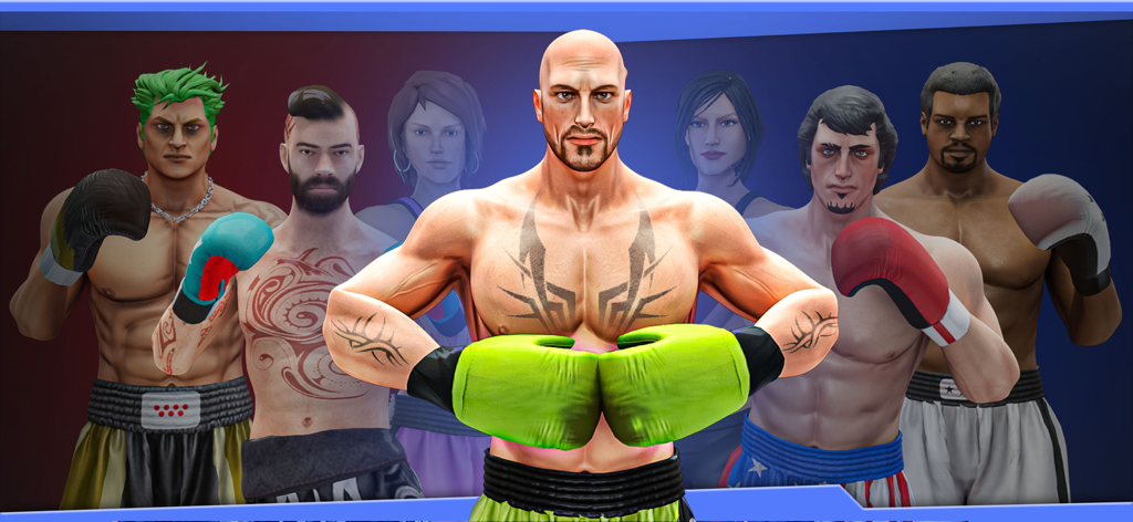Una alineación de diversos boxeadores animados en 3D de la aplicación móvil Kick Boxing Games Punch Out.
