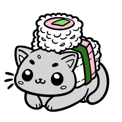 cute cat with sushi on its head