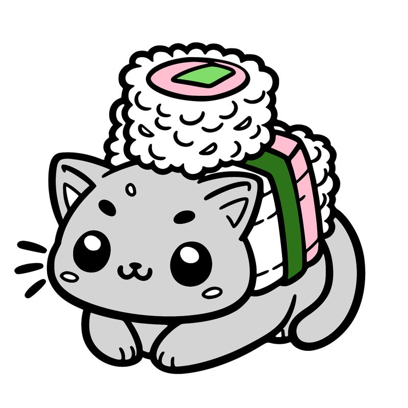 cute cat with sushi on its head