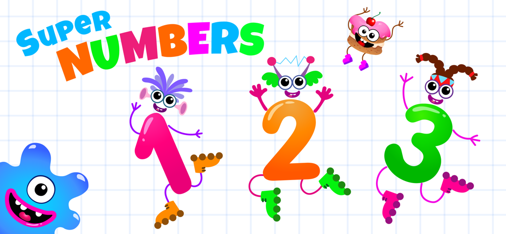 123 Counting Number Kids Games - Colorful animated numbers 1 2 and 3 on roller skates from the SuperNumbers educational app