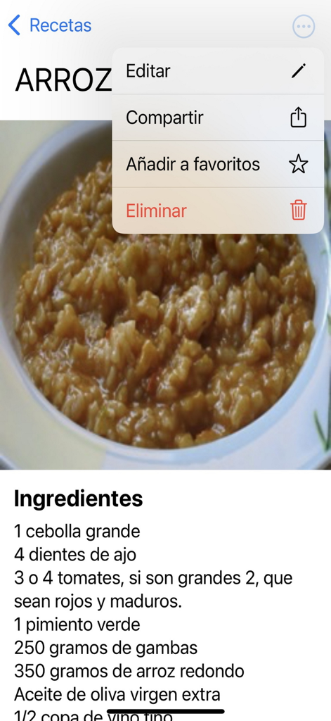 Mi libro de recetas - Pantalla de receta de arroz con lista de ingredientes y menu de opciones en la aplicacion Mi libro de recetas