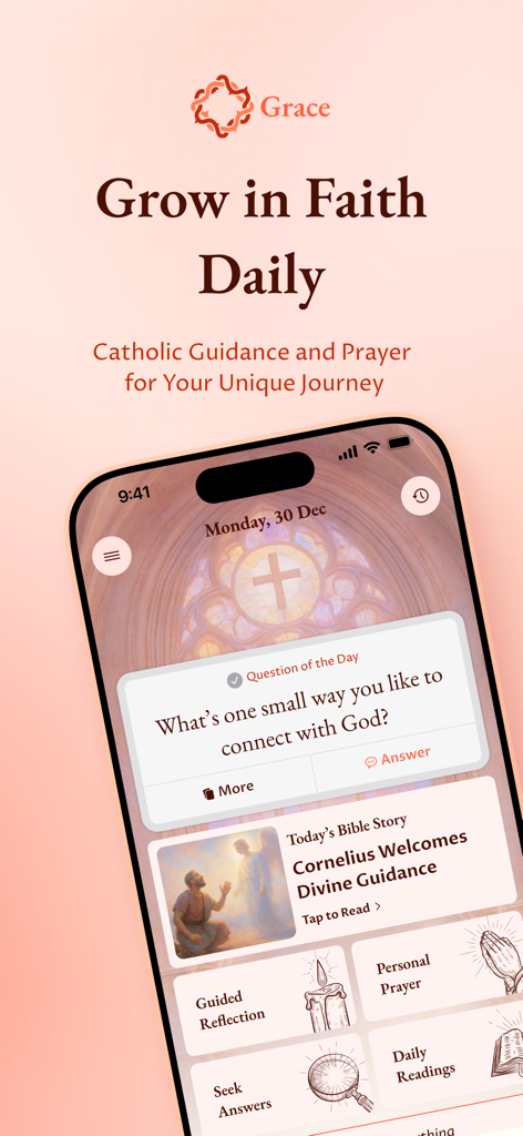 The home screen of the Grace Catholic Companion app featuring daily prayer and spiritual guidance