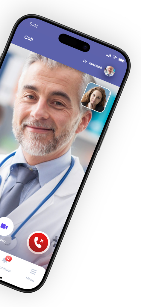A video call between a patient and a doctor on the MEDDI app interface