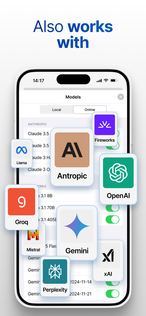 Local Chat: Private AI Chatbot - Smartphone screen for Local Chat highlighting supported AI models like OpenAI Anthropic and Gemini