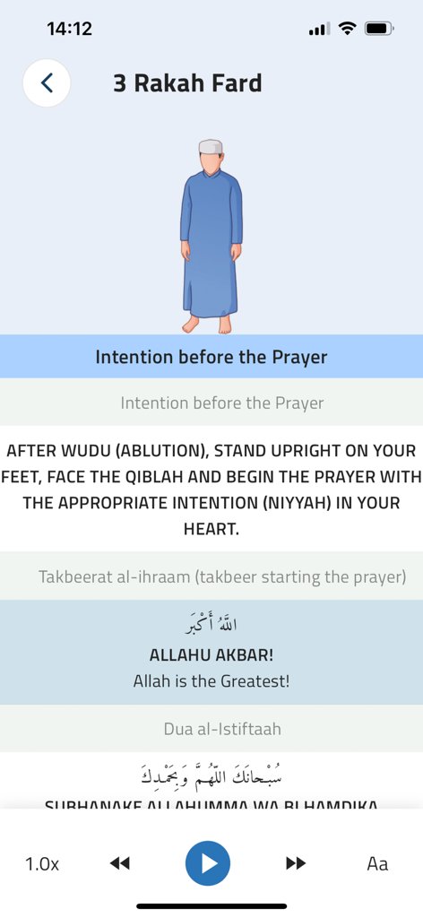 NamazStart - NamazStart app interface showing step by step instructions for the 3 Rakah Fard prayer with illustrations and audio controls
