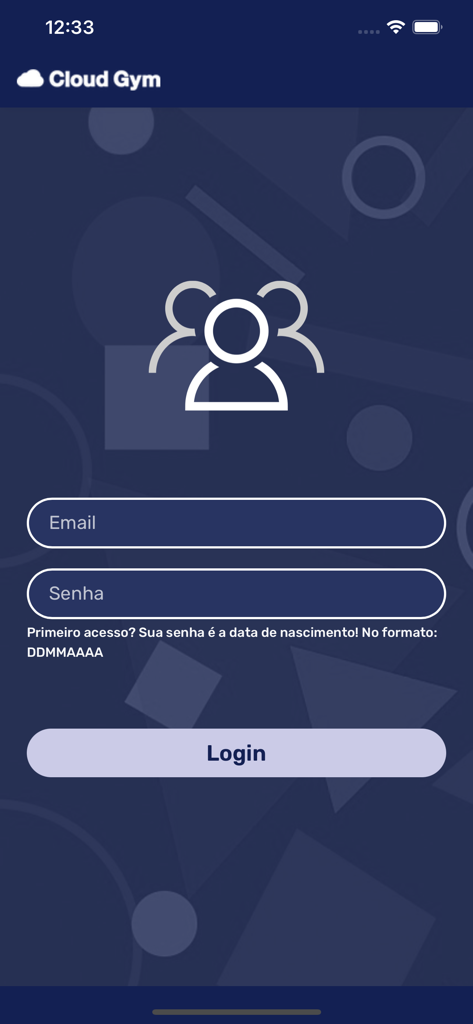Cloud Gym - Tela de login do app Cloud Gym com campos de entrada de e-mail e senha