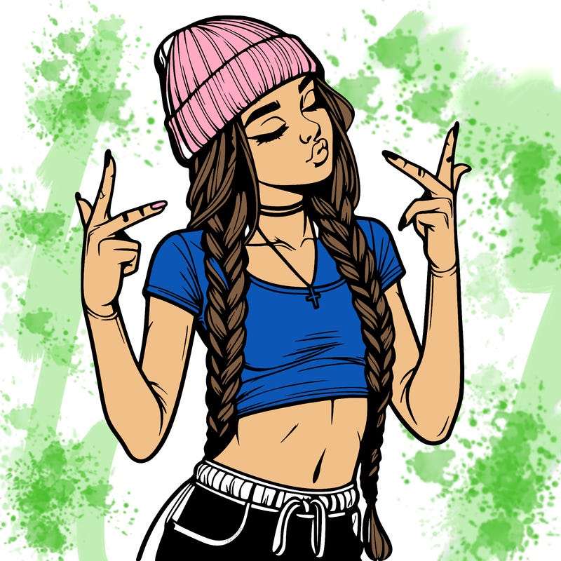 realistic teenage girl with braids and a beanie and crop top doing 🫶🏼