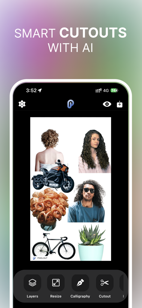Pixelout app interface showing smart AI cutout feature for creating background free images