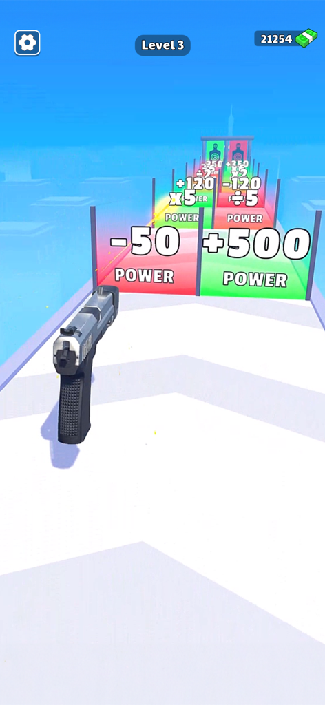 Uma pistola navegando por portões de poder positivos e negativos em um nível de jogo runner 3D