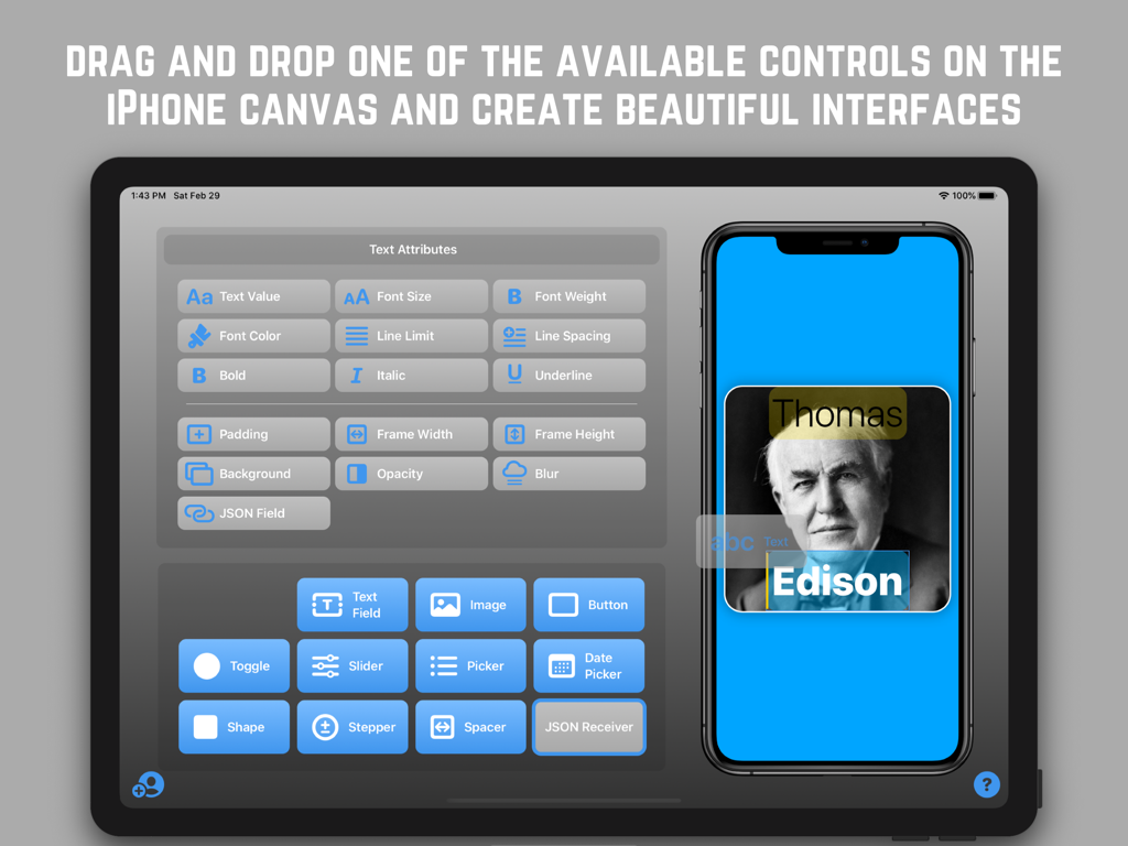 QDesigner - QDesigner iPad app interface showing drag and drop UI controls and a real time iPhone preview